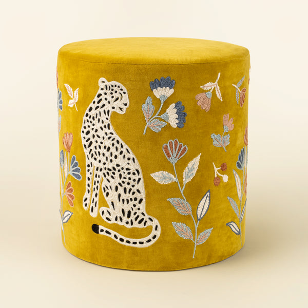 Velvet Leopard Upholstered Stool L