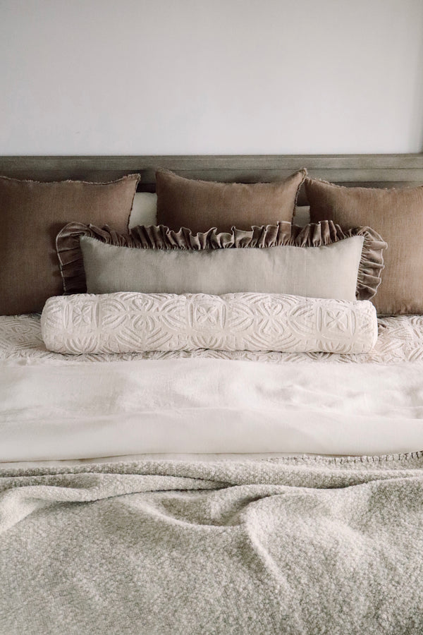 Velvet Cutwork Bolster, Ivory