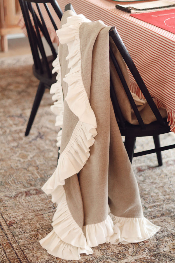 Velvet Ruffle Linen Throw, Ivory