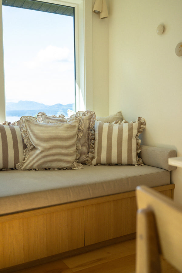 20x20 Ruffle Thin Stripe Pillow, Fawn