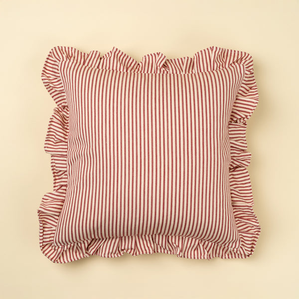 20x20 Red Ticking Ruffle Pillow