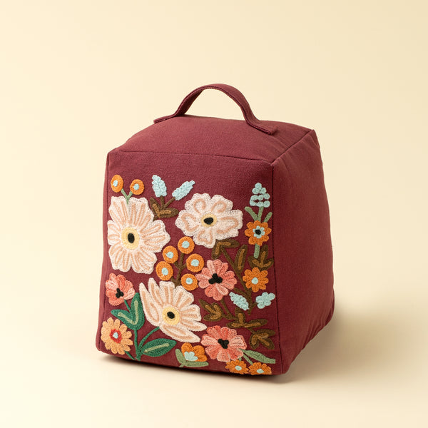 Embroidered Floral Doorstop, Burgundy