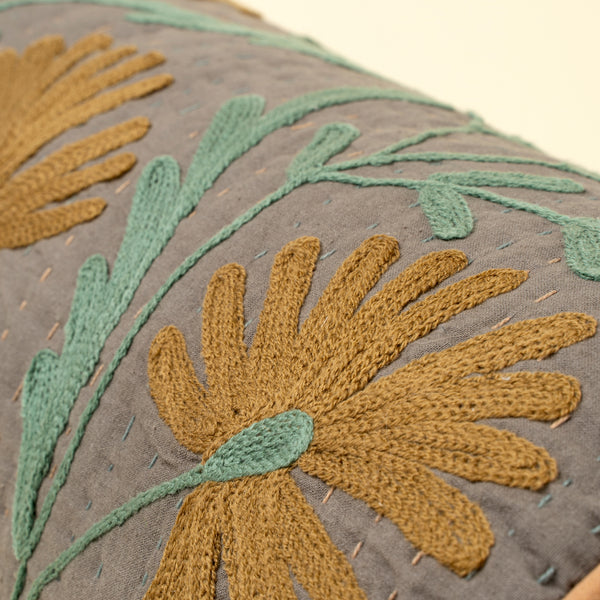 Suzani Embroidered Kantha Bolster, Grey