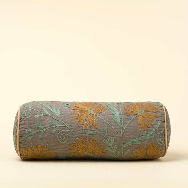 Suzani Embroidered Kantha Bolster, Grey