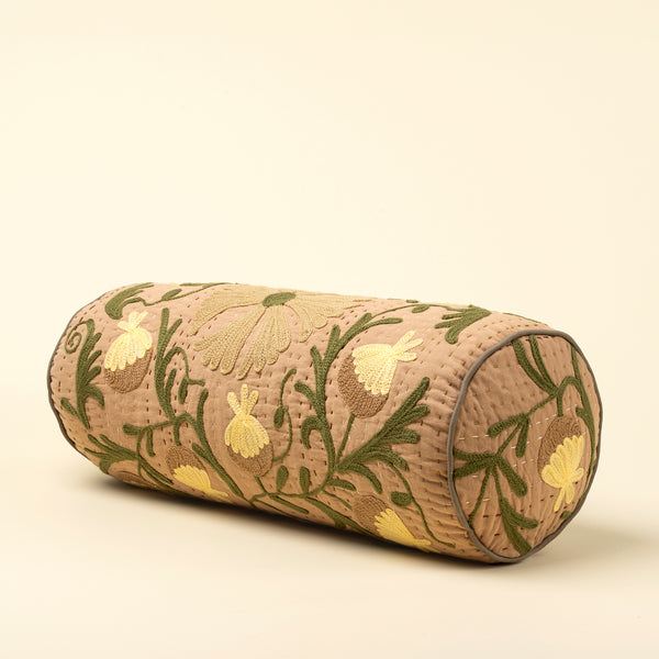 Suzani Embroidered Kantha Bolster, Beige