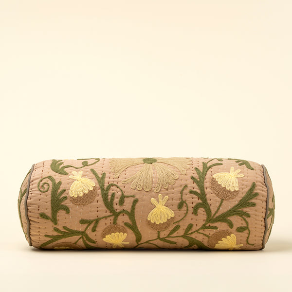 Suzani Embroidered Kantha Bolster, Beige