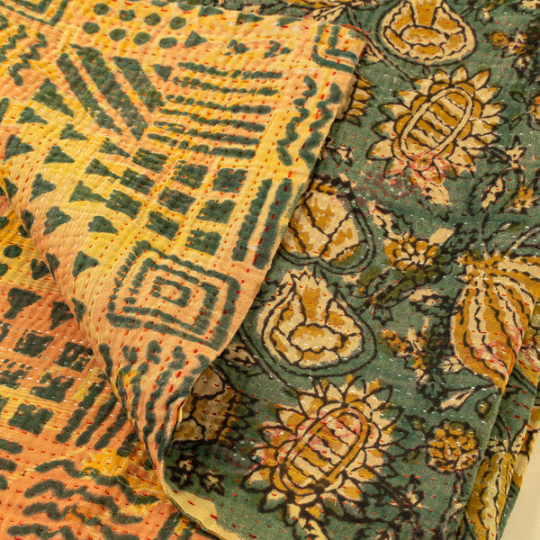 Block Printed Vintage Kantha Blanket, Pomegranate