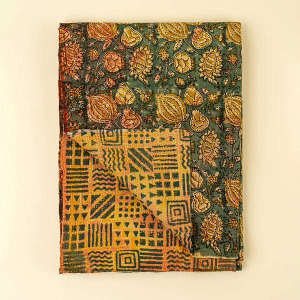 Block Printed Vintage Kantha Blanket, Pomegranate