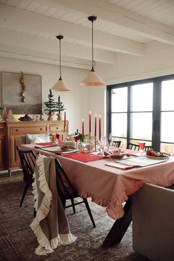 Red Ticking Ruffle Tablecloth - 110"L
