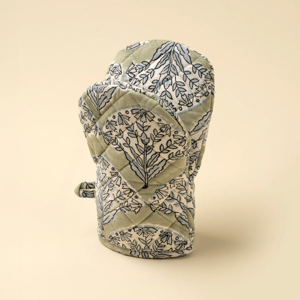 Sakura Block Print Oven Mitt, Green
