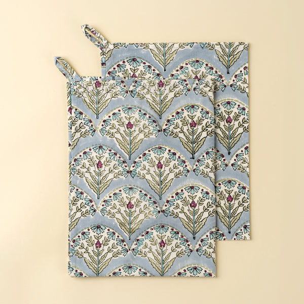Sakura Block Print Tea Towels S/2, Blue