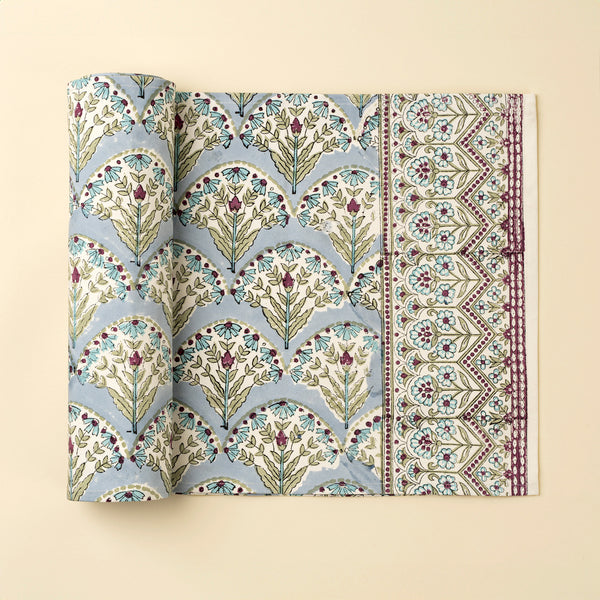 Sakura Block Print Table Runner, Blue - 108" L