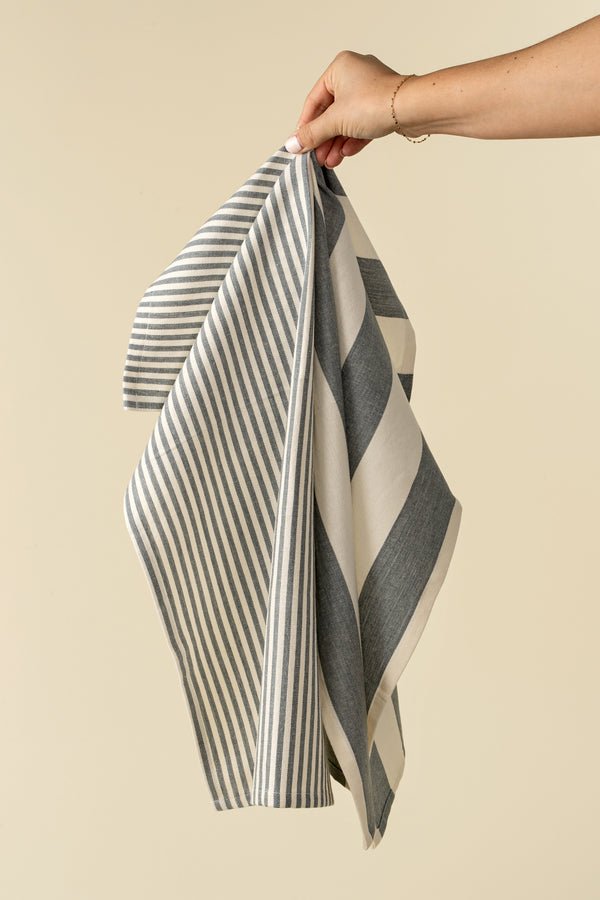 Hampton Stripe Tea Towels S/2, Slate Grey