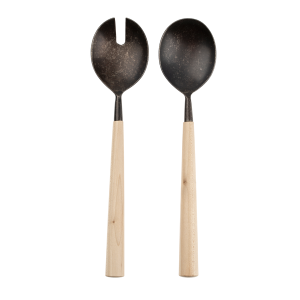 Maple Wood Salad Servers S/2, Tumbled Black