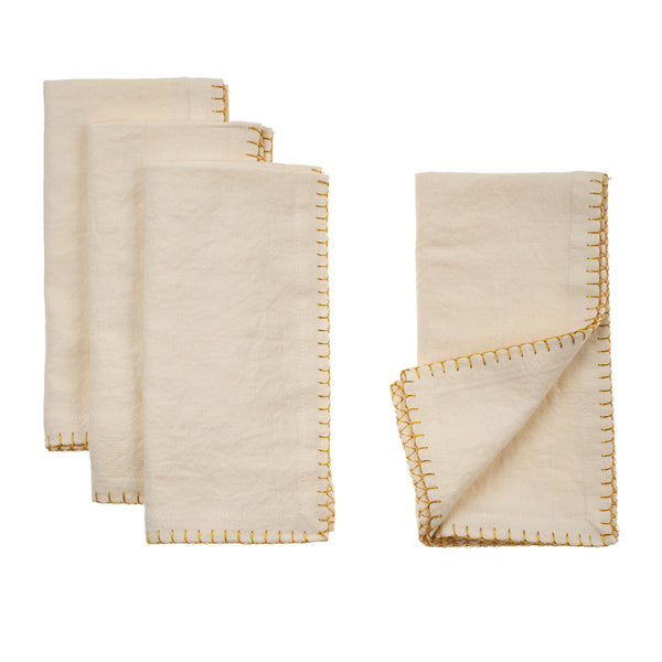 Gold Blanket Stitch Napkins S/4, Off-White