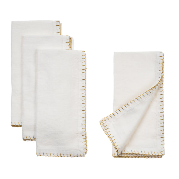 Gold Blanket Stitch Napkins S/4, White