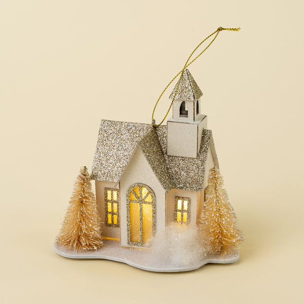 Glitter LED House Holiday Ornament, Chapel