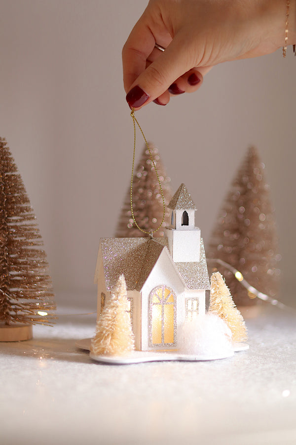 Glitter LED House Holiday Ornament, Chapel