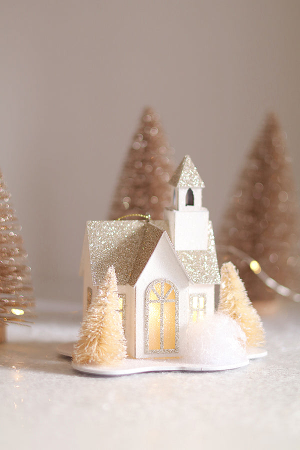 Glitter LED House Holiday Ornament, Chapel