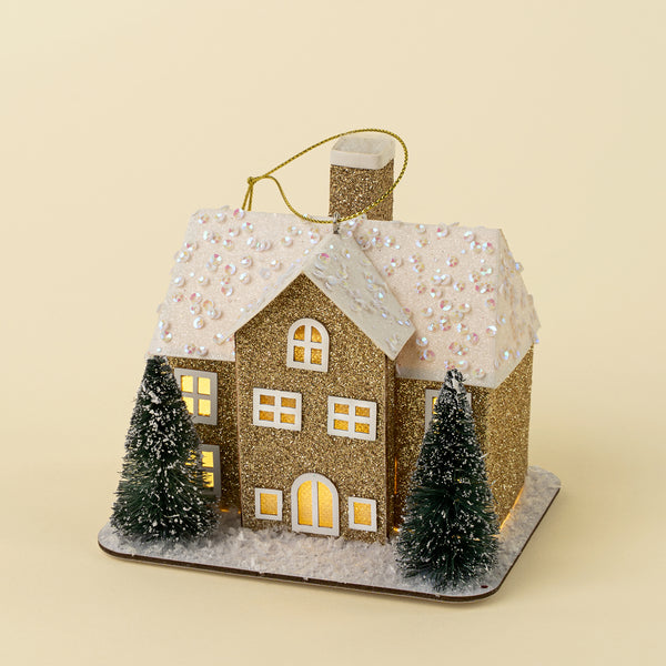 Glitter LED House Holiday Ornament, Gold Estate