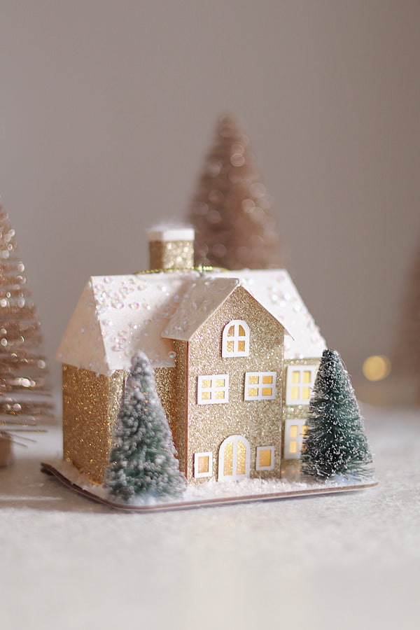 Glitter LED House Holiday Ornament, Gold Estate