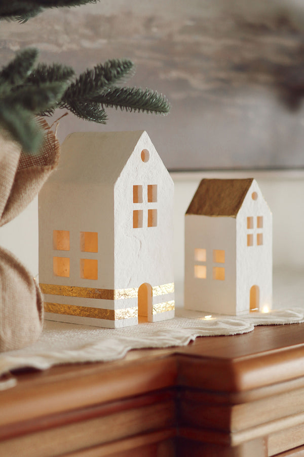 Winter Village Paper Mache Houses S/2