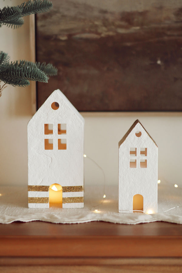 Winter Village Paper Mache Houses S/2