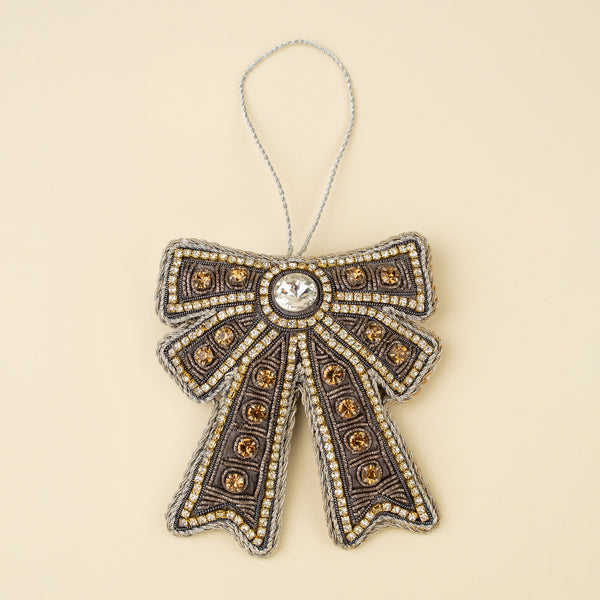 Beaded Bow Zardozi Holiday Ornament, Grey