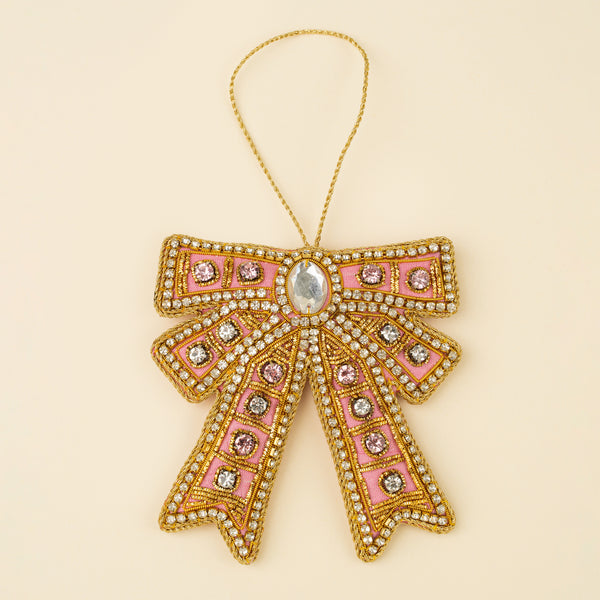 Beaded Bow Zardozi Holiday Ornament, Pink