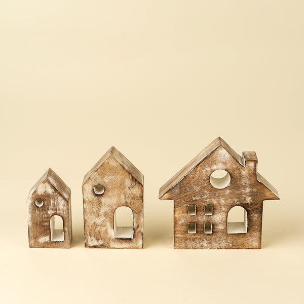 Woodland Village Carved Houses S/3, White Wash