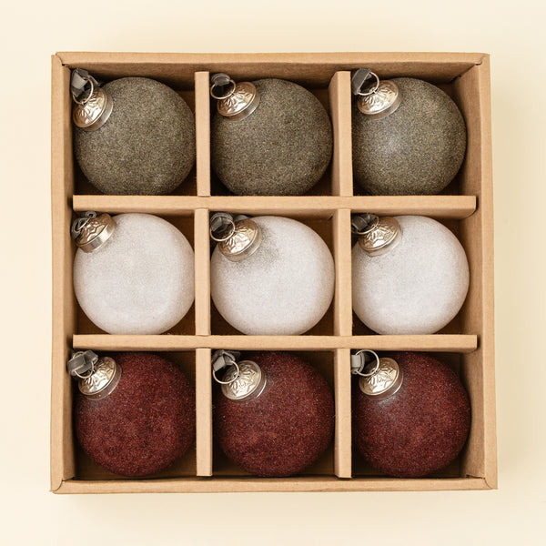 3" Velvet Holiday Baubles S/9, Burgundy/White/Dark Green