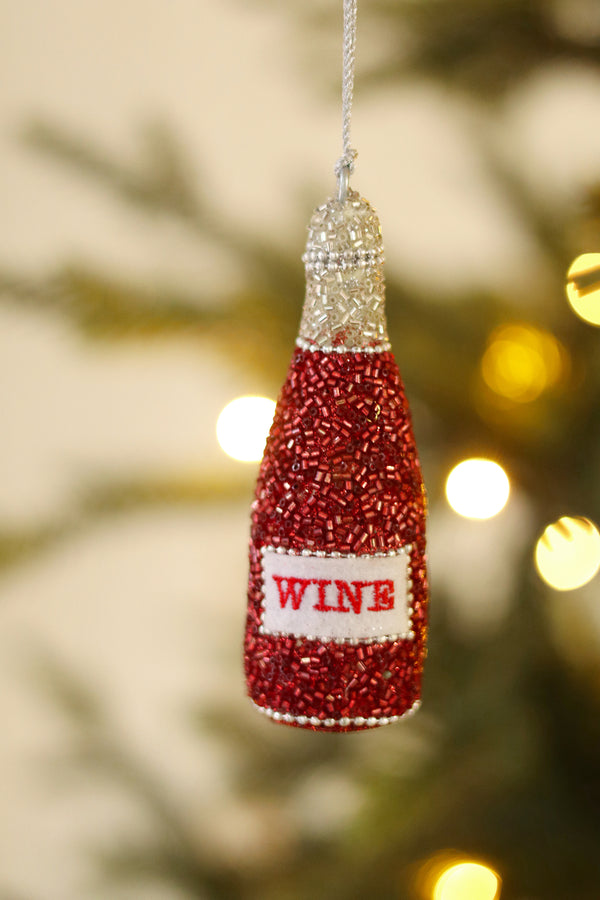 Red Wine Bottle Beaded Holiday Ornament