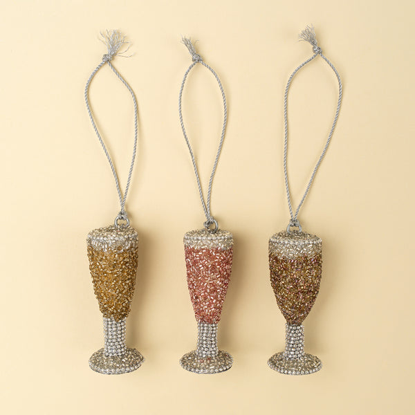 Champagne Cheers Beaded Holiday Ornaments S/3