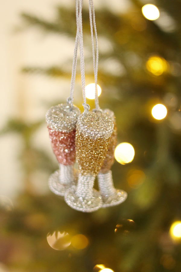 Champagne Cheers Beaded Holiday Ornaments S/3