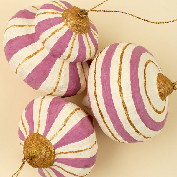 Striped Paper Mache Ornaments S/3, Pink