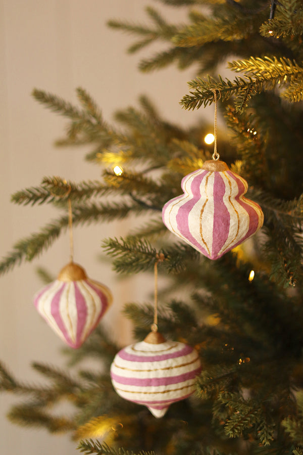 Striped Paper Mache Ornaments S/3, Pink