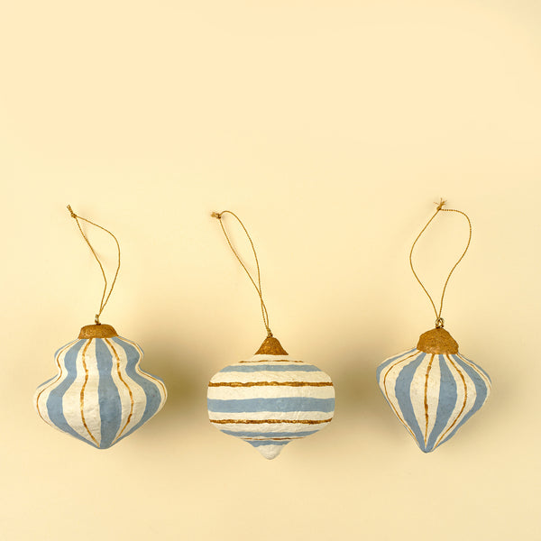 Striped Paper Mache Ornaments S/3, Blue