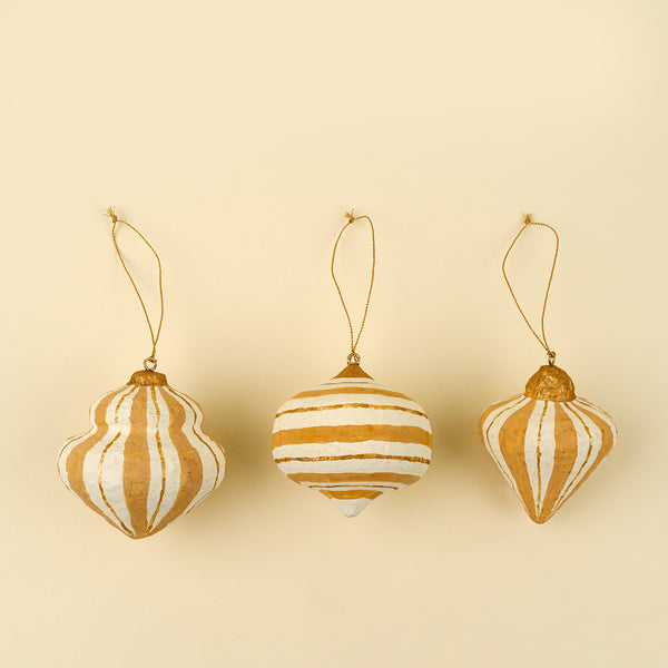 Striped Paper Mache Ornaments S/3, Gold