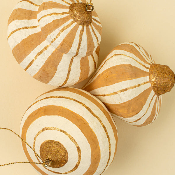 Striped Paper Mache Ornaments S/3, Gold