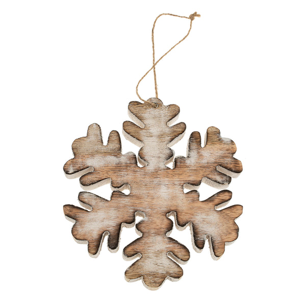 Wooden Fluffy Snowflake Ornament L, Whitewash