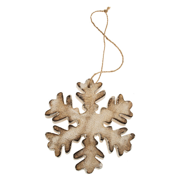 Wooden Fluffy Snowflake Ornament S, Whitewash