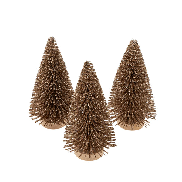 Mini Bottle Brush Trees S/3, Pale Gold Sparkle