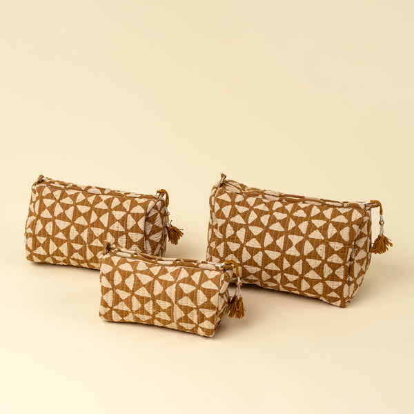 Zyra Block Print Vanity Pouches S/3, Ochre