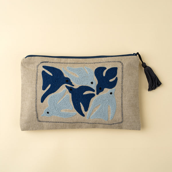 Birdsong Embroidered Pouch, Blues