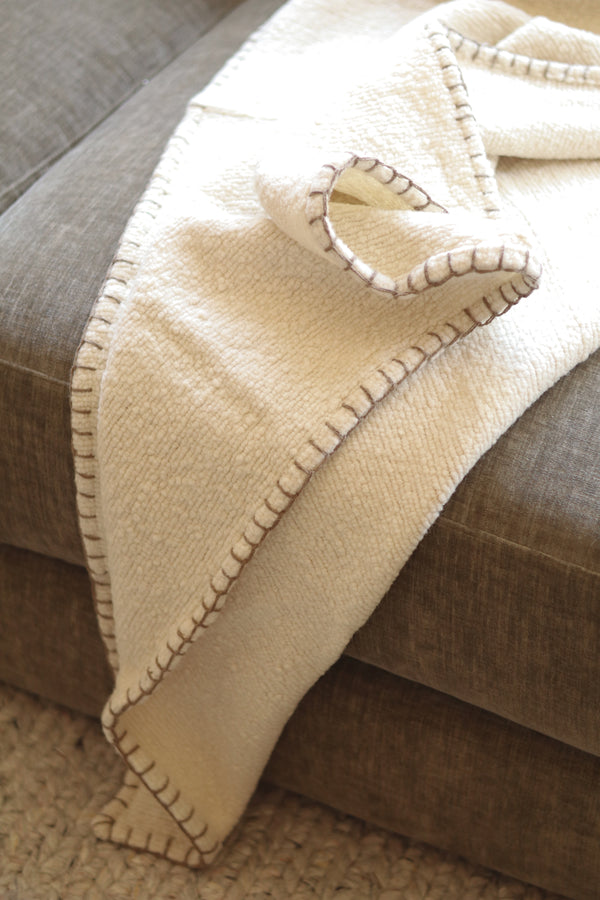 Blanket Stitch Boucle Throw, Ivory